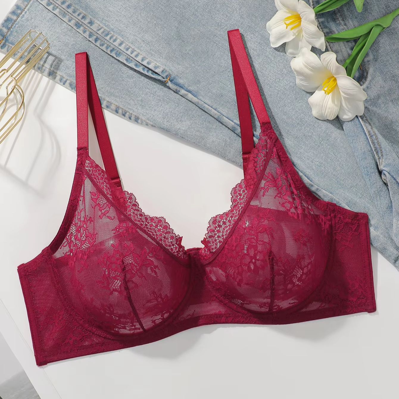 Women Plus Size Red Lace Sheer - Full Coverage Bra recension och pris